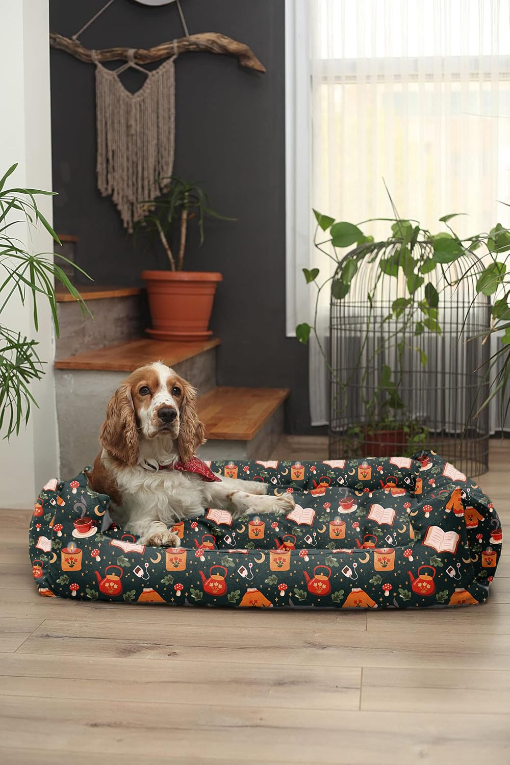 Dark Green Printed Plush Lounger Dog and Cat Bed