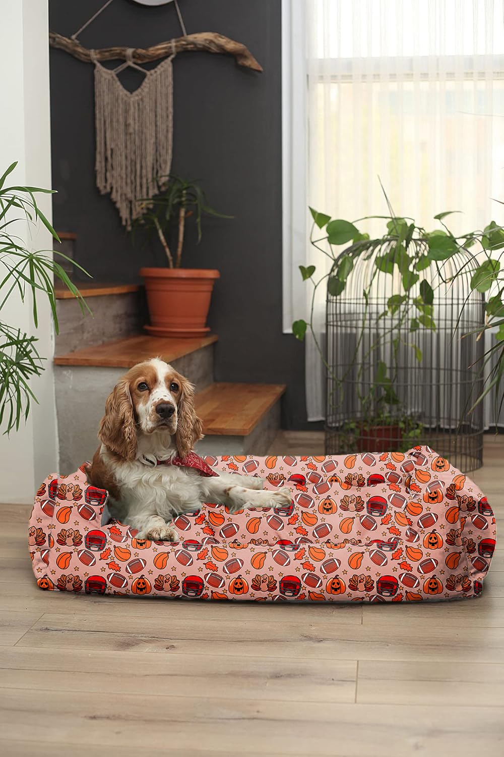 Cream Printed Plush Lounger Dog and Cat Bed