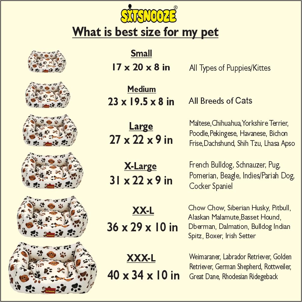 SITSNOOZE Plush Lounger Dog Bed and Cat Bed | Orthopedic Dog Bed for Sleeping | Water Resistant Indoor and Outdoor Lounger Pet Bed for Dogs | Colour: Beige Paw & Dog Printed |Size : Medium
