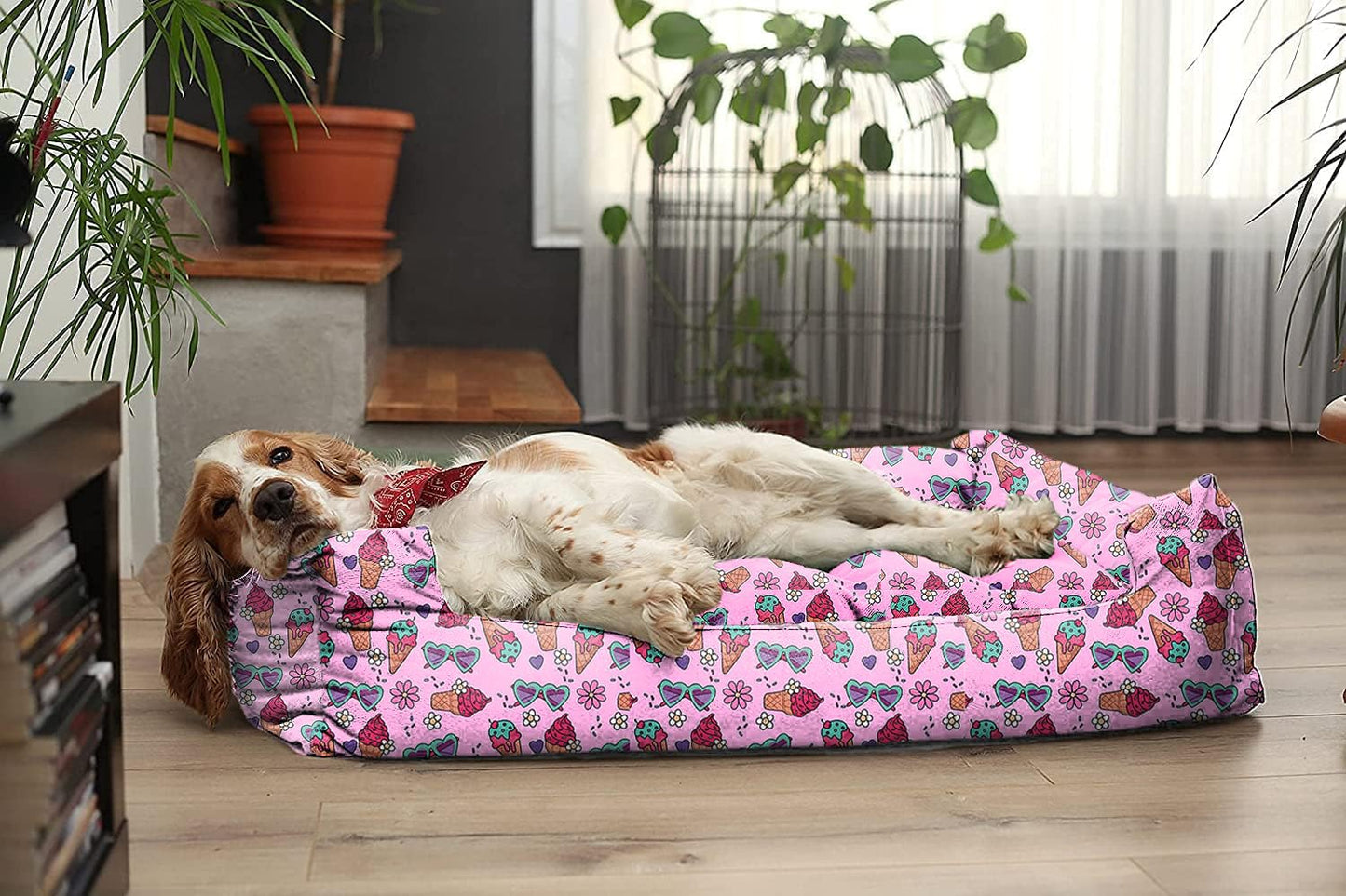 Pink with Ice-cream Print Plush Lounger Dog Bed and Cat Bed