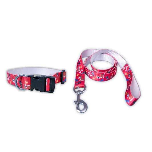 Red Printed Collar and Leash Dog Set