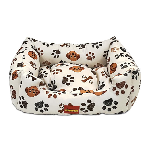 SITSNOOZE Plush Lounger Dog Bed and Cat Bed | Orthopedic Dog Bed for Sleeping | Water Resistant Indoor and Outdoor Lounger Pet Bed for Dogs | Colour: Beige Paw & Dog Printed |Size : Medium