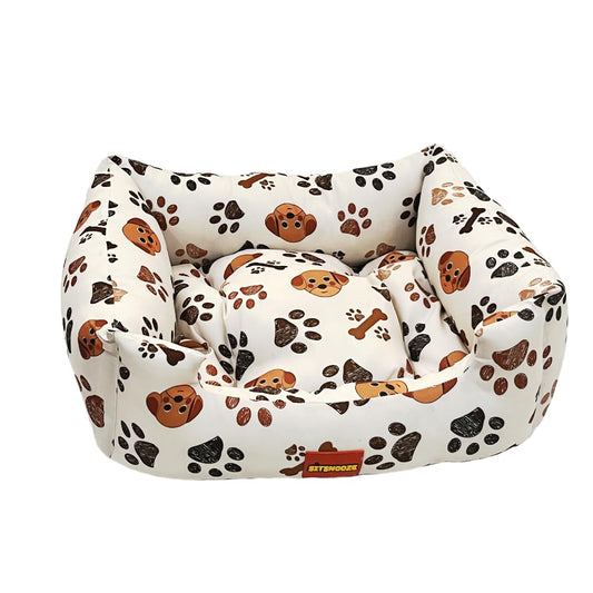 SITSNOOZE Plush Lounger Dog Bed and Cat Bed | Orthopedic Dog Bed for Sleeping | Water Resistant Indoor and Outdoor Lounger Pet Bed for Dogs | Colour: Beige Paw & Dog Printed |Size : Medium