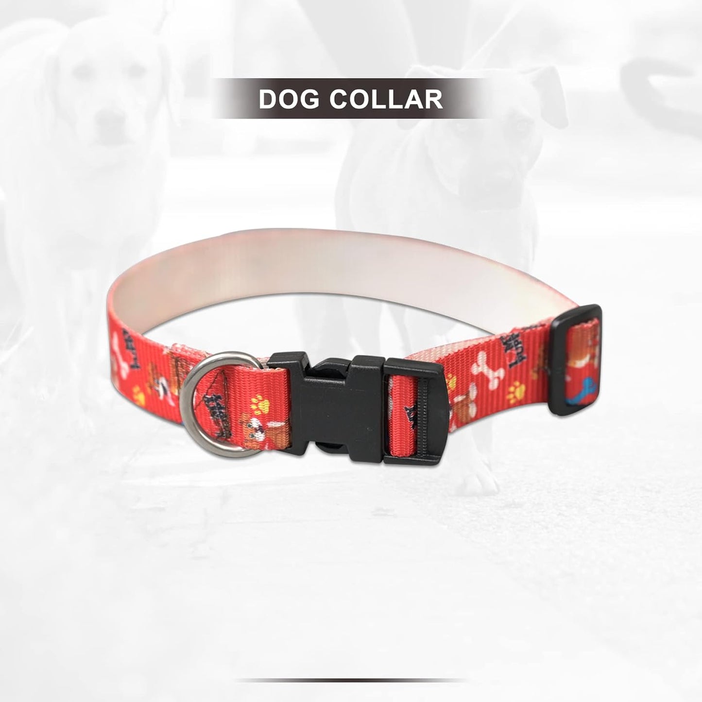 Red Printed Collar and Leash Dog Set