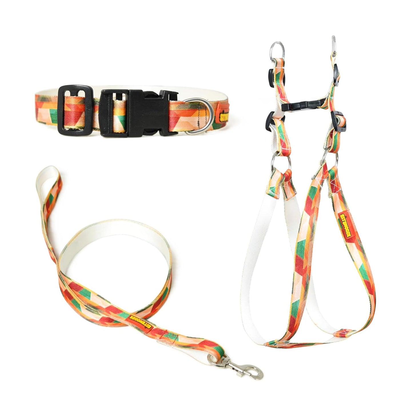 Orange Green Red Mix Dog Collar, Leash & Harness Combo Set