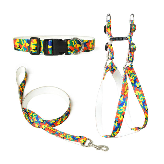 Orange Blue Dog Collar, Leash & Harness Combo Set