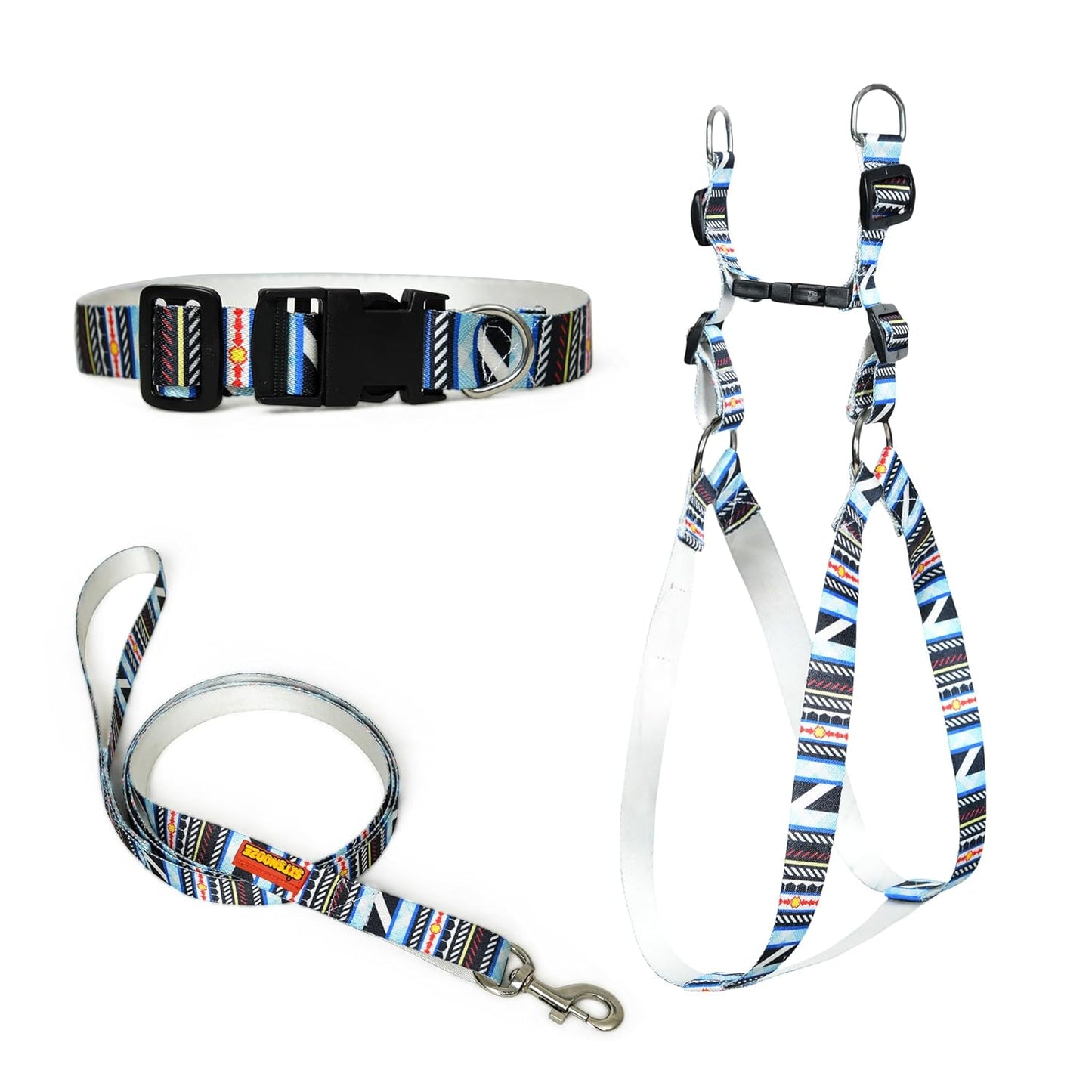 Blue White Mix Dog Collar, Leash & Harness Combo Set