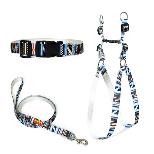 SitSnooze Dog Collar, Leash & Harness Combo Set | Nylon Adjustable Printed Design Dog Accessories for All Types of Dogs - Multicolor (Free Size)