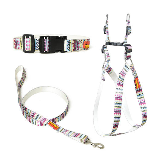 Pink White Dog Collar, Leash & Harness Combo Set