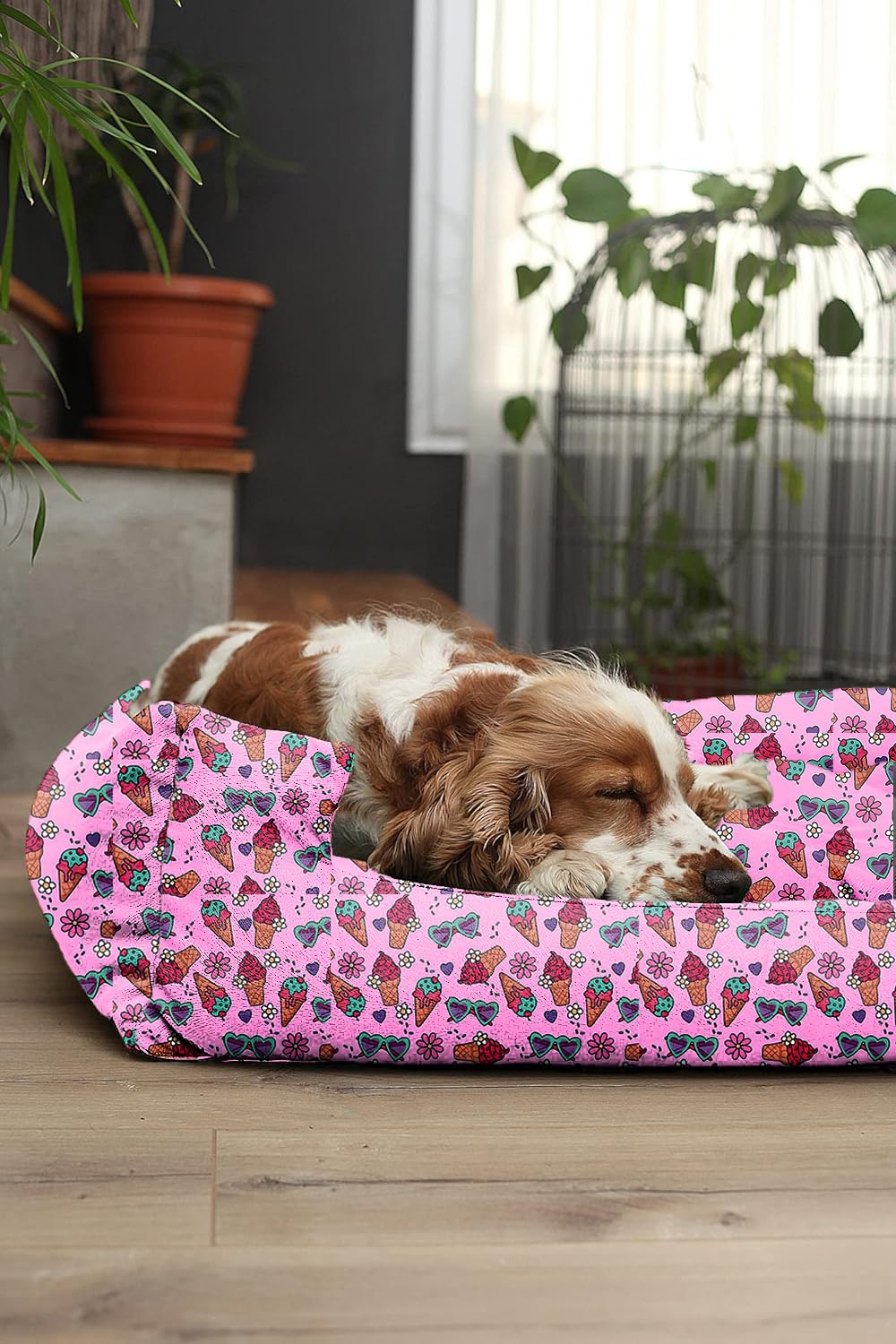 Pink with Ice-cream Print Plush Lounger Dog Bed and Cat Bed