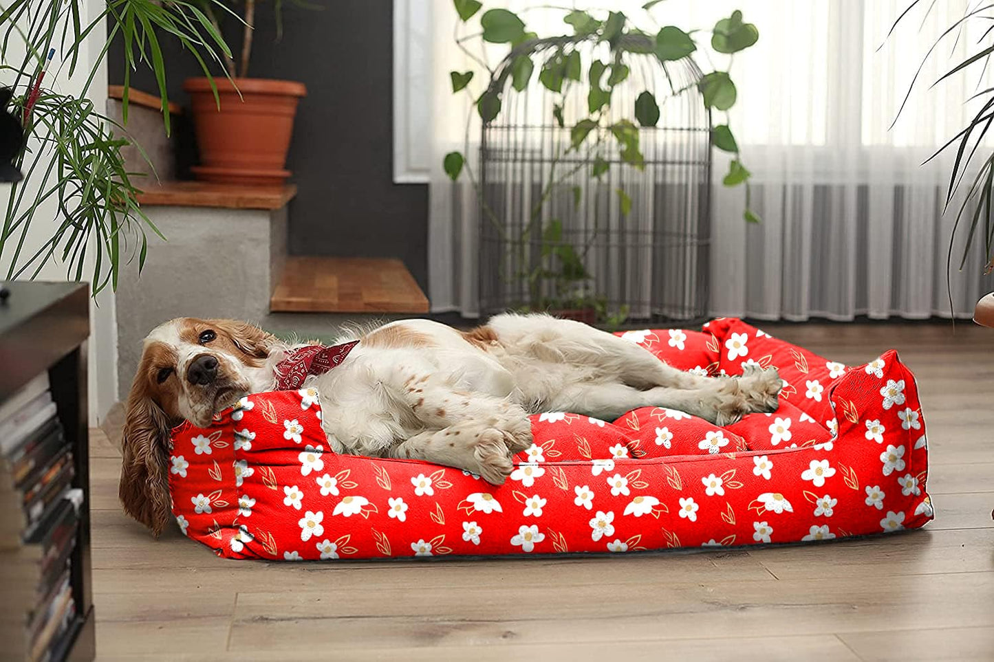 Red Printed Plush Lounger Dog and Cat Bed
