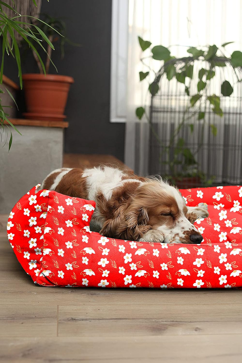 Red Printed Plush Lounger Dog and Cat Bed