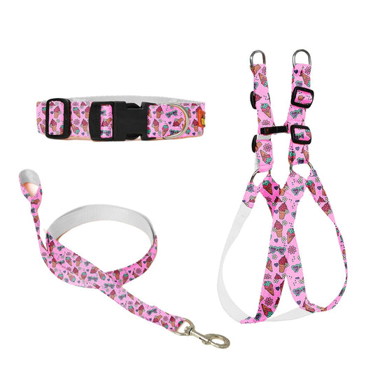 Pink Ice Cream Dog Collar, Leash & Harness Combo Set