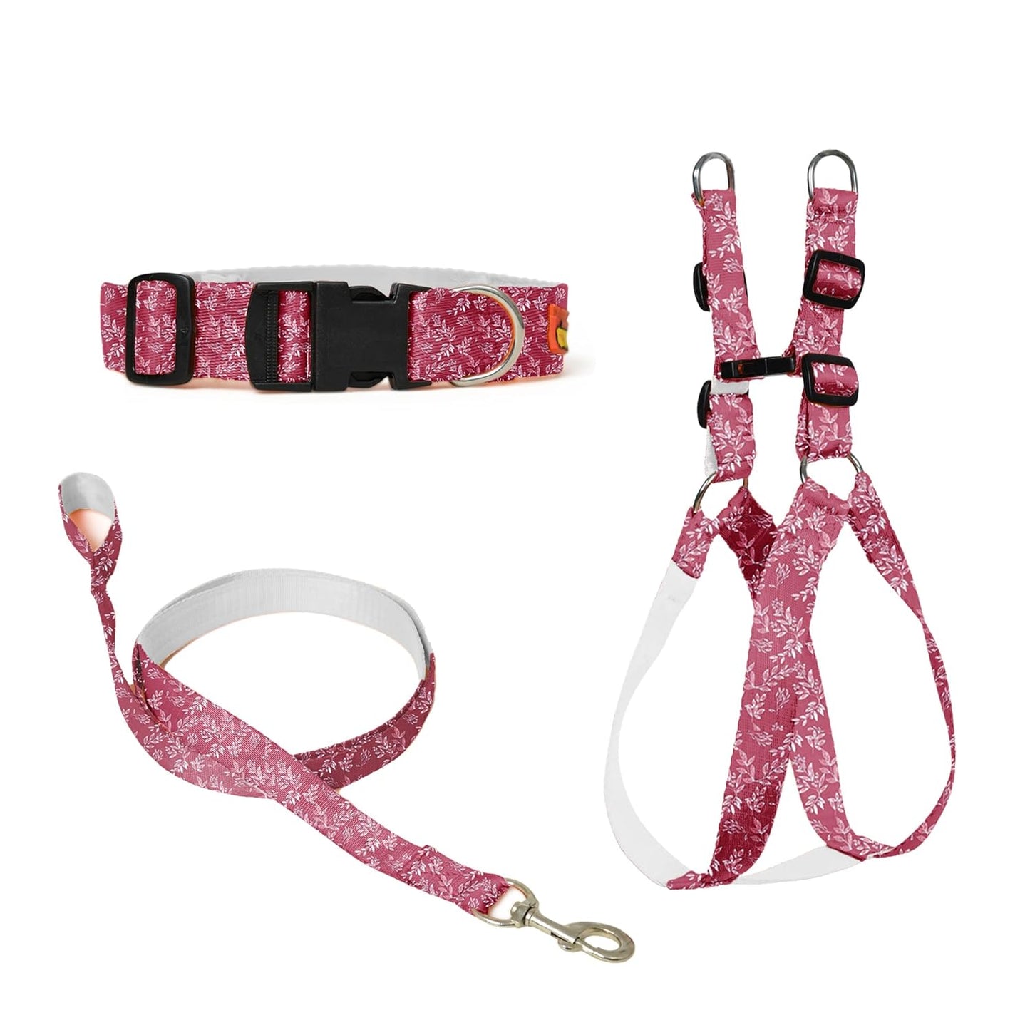 Pink Floral Dog Collar, Leash & Harness Combo Set