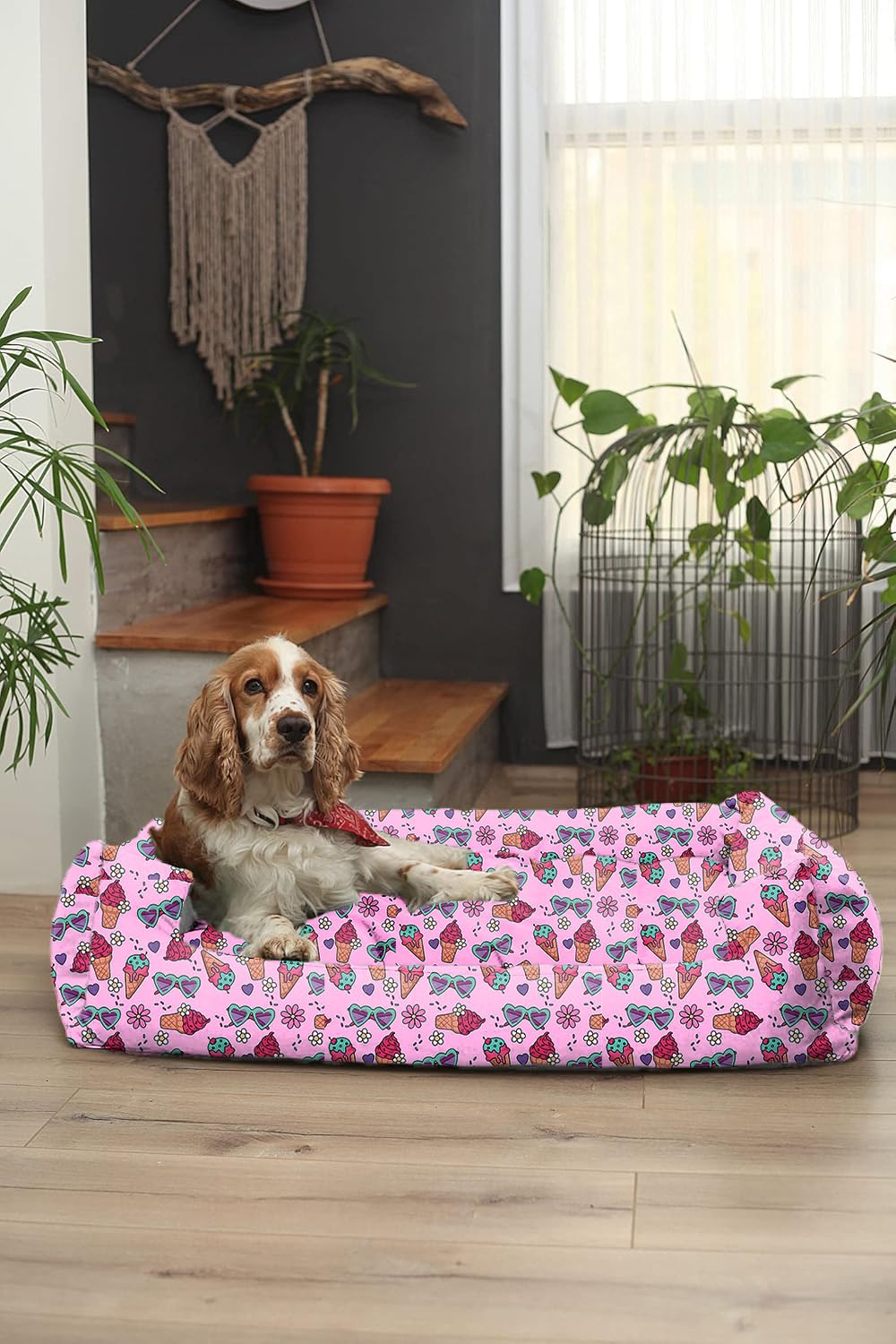 Pink with Ice-cream Print Plush Lounger Dog Bed and Cat Bed