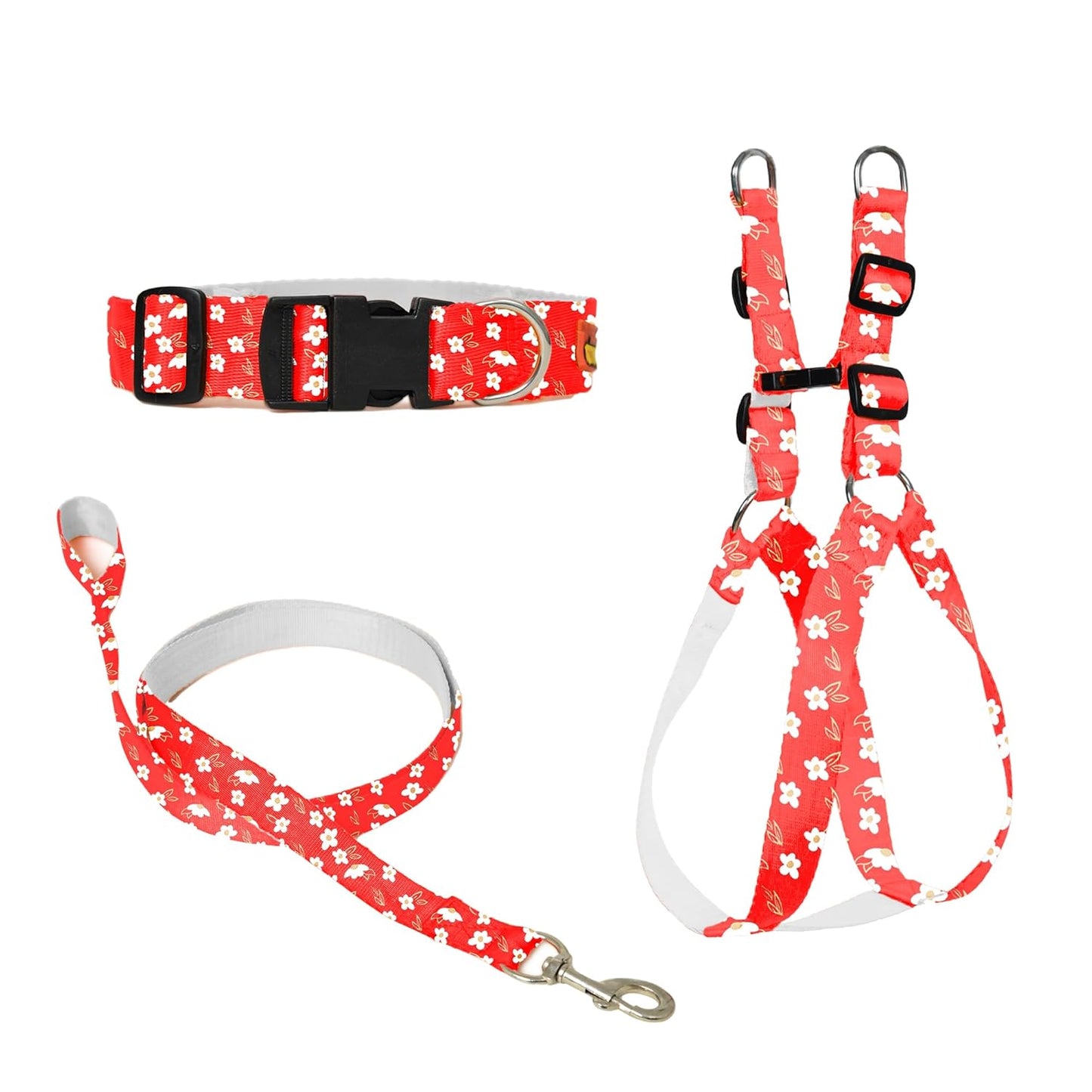 Red Printed Dog Collar, Leash & Harness Combo Set