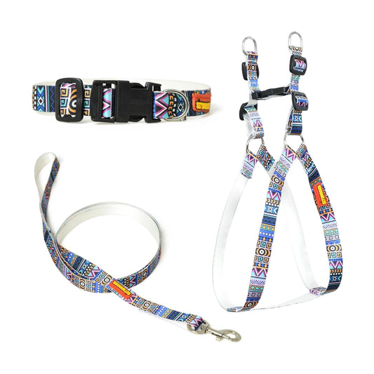 Blue White Pink Mix Dog Collar, Leash & Harness Combo Set
