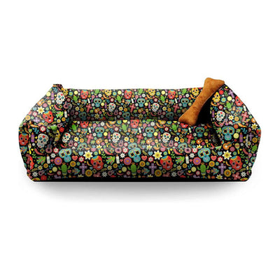 Black Multicolor Print Plush Lounger Dog and Cat Bed