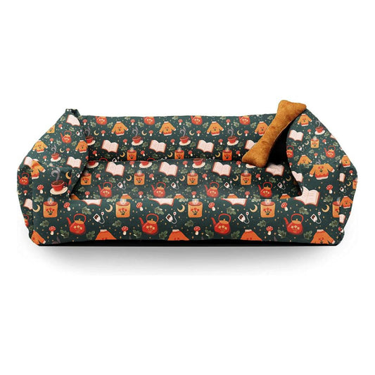 Dark Green Printed Plush Lounger Dog and Cat Bed